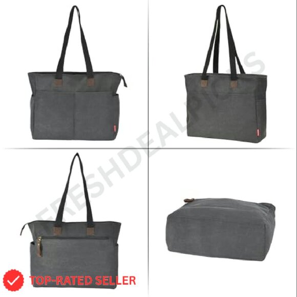 Canvas Tote Bag Retro Classic Multi-Pocket Laptop Commuter Travel Gym - Picture 7 of 8